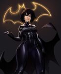  abs bat_wings batgirl black_hair bodysuit cape cassandra_cain dc_comics grey_eyes highres looking_down meme mildly_muscular_women_think_they&#039;re_gods_(meme) open_mouth psuede short_hair thick_thighs thighs toned wings 