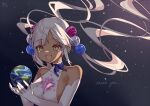  1girl bangs bare_shoulders blonde_hair blue_ribbon breasts collarbone dark-skinned_female dark_skin earth_(planet) elbow_gloves gloves halterneck highres hololive hololive_english large_breasts long_hair open_mouth planet planet_hair_ornament ribbon sideboob sky smile solo star_(sky) starry_sky thank_you tsukumo_sana twintails virtual_youtuber watashishi white_gloves yellow_eyes 