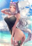  1girl absurdres animal_ears bangs black_swimsuit breasts casual_one-piece_swimsuit cleavage drill_hair egumenoegg eyewear_on_head gold_ship_(run_revolt_launcher)_(umamusume) gold_ship_(umamusume) grey_hair highres horse_ears horse_girl horse_tail large_breasts long_hair looking_at_viewer ocean one-piece_swimsuit purple_eyes purple_hair solo sunglasses swimsuit tail thighs twin_drills umamusume water_gun wet 