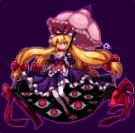  1girl blonde_hair bow breasts character_request choker cleavage closed_eyes dress elbow_gloves extra_eyes floating frilled_dress frills gloves hair_between_eyes hair_bow half-closed_eyes holding holding_umbrella horror_(theme) huge_bow long_hair looking_at_viewer lowres off-shoulder_dress off_shoulder outline over_shoulder pantyhose pink_outline pink_umbrella pixel_art pla4neta puffy_sleeves purple_background purple_dress purple_gloves quad_tails red_bow red_choker red_footwear red_ribbon ribbon signature simple_background smile solo touhou umbrella very_long_hair white_pantyhose yellow_eyes 