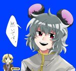  2girls animal_ears bangs black_shirt blonde_hair blush brown_shirt capelet commentary_request cookie_(touhou) green_eyes grey_hair highres joker_(cookie) legacy_of_lunatic_kingdom looking_to_the_side mizuhashi_parsee mouse_ears mouse_girl multiple_girls nazrin nyon_(cookie) open_mouth pointy_ears portrait red_eyes shirt short_hair simple_background smile touhou translation_request undershirt wavy_hair white_capelet zerachin_(nicoseiga78314664) 