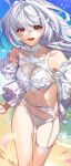  1girl :d bangs beach collarbone commentary_request fate/grand_order fate_(series) garter_belt hair_intakes highres long_hair looking_at_viewer merlin_(fate/prototype) n-bata navel open_mouth outdoors petals red_eyes skindentation smile solo swimsuit water white_hair white_swimsuit 