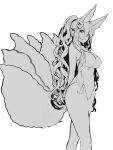  1girl absurdres animal_ear_fluff animal_ears bangs bare_arms bare_shoulders breasts closed_mouth covered_navel fox_ears fox_girl fox_tail greyscale hair_between_eyes hair_ornament highres kitsune long_hair looking_at_viewer medium_breasts monochrome one-piece_swimsuit original simple_background solo swimsuit tail very_long_hair white_background yuuji_(yukimimi) 