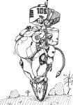  anthro areola belly big_belly big_breasts breasts cable_tail cross-eyed dead_tree female hage hi_res machine markings monochrome nipples plant puffy_nipples robot robotic_tail solo tail_markings tree 