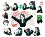  1girl black_hair box cardboard_box closed_eyes confetti cosplay creeper creeper_(cosplay) dated glasses green_hair hair_ornament hair_scrunchie happy_birthday highres indie_virtual_youtuber isuka kson minecraft multicolored_hair open_mouth ponytail real_life scrunchie smile souchou two-tone_hair 