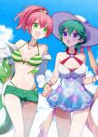  2girls :d :o akatsuki_no_kiseki bikini bikini_under_clothes blue_sky blue_swimsuit blush bracelet breasts carrying carrying_under_arm cleavage cloud cloudy_sky commentary criss-cross_halter cropped_jacket day denim denim_shorts eiyuu_densetsu eyebrows_hidden_by_hair feet_out_of_frame floral_print gradient_clothes gradient_swimsuit green_bikini green_hair green_shorts groin hair_between_eyes hair_ornament hairclip halterneck hat highres holding holding_hands holding_innertube innertube interlocked_fingers jacket jewelry juna_crawford light_particles looking_at_another medium_breasts medium_hair multicolored_bikini multicolored_clothes multiple_girls musse_egret nail_polish navel necklace off_shoulder official_alternate_costume one-piece_swimsuit open_clothes open_jacket open_mouth orange_nails outdoors pink_hair ponytail purple_eyes sano_(merrymerry) scrunchie sen_no_kiseki short_hair short_shorts shorts sky smile standing stomach striped striped_bikini sun_hat sunlight swimsuit thighs torn_clothes torn_shorts unzipped white_headwear white_jacket white_swimsuit zipper_pull_tab 