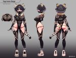  1girl animal_ears black_hair blue_eyes breasts clickdraws fishnets gloves highres large_breasts mask ninja reference_sheet self_upload shoes sneakers tail tiger_ears tiger_girl virtual_youtuber 