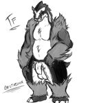  anthro balls black_and_white fennephilim_fox fur genitals grey_body grey_fur grin hand_on_leg hand_on_thigh hi_res looking_at_viewer male monochrome nintendo obstagoon penis pok&eacute;mon pok&eacute;mon_(species) pose simple_background smile solo video_games 