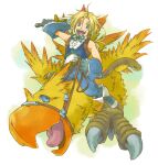  1boy bangs bare_shoulders beak bird blonde_hair blue_eyes blue_pants blue_vest boots chocobo final_fantasy final_fantasy_ix frilled_shirt_collar frills holding holding_reins holding_sword holding_weapon long_hair low_ponytail male_focus monkey_tail neck_ribbon open_mouth outstretched_arm pants parted_bangs reins ribbon riding_animal shirt sleeveless sleeveless_shirt sword tail talons teeth tongue torimaru-douhu upper_teeth vest weapon white_background white_shirt wrist_cuffs zidane_tribal 