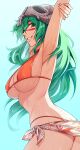  1girl absurdres armpits bikini bleach breasts cowboy_shot facial_mark green_eyes green_hair highres horns large_breasts long_hair looking_at_viewer mochiko_(tvygbntl) nelliel_tu_odelschwanck orange_bikini parted_lips sarong sideboob simple_background skull skull_on_head slips smile solo swimsuit teeth 