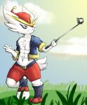  anthro belt bulge cinderace clothed clothing cloud fennephilim_fox fur grass holding_object jacket looking_at_viewer male mammal nintendo plant pok&eacute;mon pok&eacute;mon_(species) red_eyes rock selfie solo topwear video_games white_body white_fur 