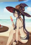  1girl asymmetrical_bangs bangs beach beach_umbrella bikini black_bikini black_choker black_hair blue_sky breasts butt_crack character_print choker closed_mouth crossed_legs earrings food from_side genshin_impact green_eyes hat highres holding jewelry klee_(genshin_impact) long_hair looking_at_viewer medium_breasts mona_(genshin_impact) multi-strapped_bikini o-ring o-ring_bikini ocean plate popsicle profile sanmi_3 sideboob sitting sitting_on_bench sky solo star-shaped_pupils star_(symbol) star_earrings starfish swimsuit symbol-shaped_pupils twintails umbrella watermelon_slice witch_hat wooden_bench wooden_table 