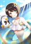  &gt;_&lt; 1girl :o bangs bare_arms bare_shoulders bird breasts cleavage closed_eyes commentary_request cowboy_shot duck flower frilled_skirt frills green_eyes hair_flower hair_ornament hat highres hololive innertube jewelry medium_breasts navel necklace nyuyosuke_o_shigoto_boshuuchu oozora_subaru open_mouth outdoors parted_bangs rainbow sailor_hat short_hair skirt sky solo summer swimsuit virtual_youtuber 