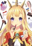  1girl applying_makeup bangs blonde_hair blush bottle bow bowtie cagliostro_(granblue_fantasy) cape closed_mouth comiket_97 commentary_request cosmetics cover cover_page doujin_cover gold_hairband granblue_fantasy hair_brush lipstick_tube long_hair looking_at_viewer makeup_brush miya_(chocolate_holic) perfume_bottle purple_bow purple_eyes red_bow red_bowtie red_cape smile solo upper_body white_background 