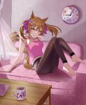  1girl absurdres analog_clock animal_ears bangs bare_shoulders barefoot blush bow breasts brown_hair camisole clock closed_mouth coffee_table couch cup curtains hair_bow highres horse_ears horse_girl horse_tail indoors leggings long_hair looking_at_viewer newon orange_eyes pink_shirt shirt sitting small_breasts smart_falcon_(umamusume) smile solo tail twintails umamusume 