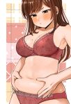  armpits blush border bra breasts brown_eyes brown_hair closed_mouth collarbone fingernails lingerie long_hair mole mole_on_armpit mole_on_breast navel official_art original outline panties patterned patterned_background plump pouring red_bra red_panties shiny shiny_hair shiny_skin skindentation underwear white_border yasuda_kousuke 
