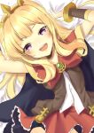  1girl bangs black_cape blonde_hair blunt_bangs blush bow bowtie breasts brown_vest buttons cagliostro_(granblue_fantasy) cape commentary_request cowboy_shot frilled_skirt frills granblue_fantasy long_hair looking_at_viewer miya_(chocolate_holic) open_mouth purple_eyes red_bow red_bowtie red_cape red_skirt sheet_grab shirt skirt small_breasts smile solo twitter_username two-sided_cape two-sided_fabric vest white_shirt 