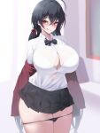  1girl :d ahoge azur_lane bangs black_hair blush bow bra_visible_through_clothes breasts bursting_breasts crossed_bangs gigantic_breasts highres kuavera large_breasts long_hair looking_at_viewer navel panties panty_pull pleated_skirt red_eyes school_uniform shirt skirt smile solo sweat sweater taihou_(azur_lane) thick_thighs thighs tongue tongue_out twintails underwear very_long_hair 