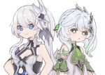  2girls bangs blue_eyes breasts cape cleavage commentary cross-shaped_pupils dress female_child genshin_impact gradient_hair green_cape green_eyes green_hair hair_ornament highres honkai_(series) honkai_impact_3rd leaf_hair_ornament long_hair multicolored_hair multiple_girls nahida_(genshin_impact) piri pointy_ears shoulder_cape side_ponytail smile symbol-only_commentary theresa_apocalypse white_background white_dress white_hair 
