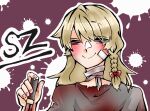 1girl alternate_costume bandaged_neck bandages bandaid bandaid_on_cheek bandaid_on_face bangs blonde_hair blood blood_splatter blood_stain blush bow braid closed_eyes closed_mouth commentary_request cookie_(touhou) grey_shirt hair_bow holding holding_knife kirisame_marisa knife long_hair portrait red_bow shirt side_braid single_braid smile solo suzu_(cookie) torn_clothes torn_shirt touhou zerachin_(nicoseiga78314664) 
