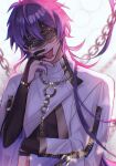  1boy antenna_hair bishounen black_nails blurry chain character_request depth_of_field head_tilt highres jewelry long_hair male_focus mozi0322 nu_carnival purple_hair ring solo tongue tongue_out upper_body 
