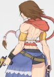  1girl armlet ass back biceps brown_hair detached_hood final_fantasy final_fantasy_x final_fantasy_x-2 from_behind grey_background gun hair_over_eyes handgun highres median_furrow muscular muscular_female parted_lips ponytail short_shorts shorts showgirl_skirt simple_background solo weapon yoracrab yuna_(ff10) 