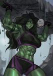  1509virgoart 1girl abs armpits ass_visible_through_thighs breasts colored_skin commentary cowboy_shot english_commentary english_text fingerless_gloves gloves green_eyes green_skin heart highres large_breasts long_hair looking_at_viewer marvel midriff muscular muscular_female navel she-hulk solo speech_bubble spoken_heart 