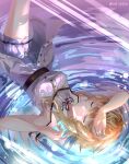  1girl absurdres alternate_costume bare_shoulders blonde_hair closed_eyes dress genshin_impact hair_between_eyes highres lumine_(genshin_impact) lying naneko_(user_zajc8742) on_back whirlpool white_dress yellow_eyes 