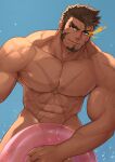 1boy abs absurdres bara brown_eyes brown_hair closed_mouth completely_nude cross_scar day facial_hair flaming_eye heracles_(housamo) highres holding holding_innertube innertube large_pectorals looking_at_viewer male_focus mikicat muscular muscular_male nipples nude outdoors pectorals scar scar_on_cheek scar_on_chest scar_on_face short_hair sideburns smile solo tokyo_afterschool_summoners 