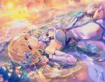  1girl aratakosu_(tako&#039;s) bare_shoulders blonde_hair breasts cleavage dress eyelashes feather_hair_ornament feathers flower gauntlets genshin_impact hair_between_eyes hair_flower hair_ornament light_particles looking_at_viewer lumine_(genshin_impact) lying on_back outdoors sunset white_dress yellow_eyes 