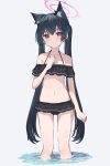  1girl absurdres animal_ear_fluff animal_ears bangs bare_shoulders bikini black_bikini black_hair blue_archive blush cat_ears halo highres long_hair looking_at_viewer navel purple_eyes scarlet23i0 serika_(blue_archive) simple_background solo swimsuit twintails very_long_hair wading water wet 