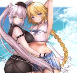  2girls absurdres arm_behind_head arm_up armpits ass asymmetrical_clothes bangs bare_shoulders belt beret bikini black_bikini black_gloves black_headwear black_pants blonde_hair blue_eyes blue_skirt blue_sky blush braid braided_ponytail breasts chain choker crop_top crop_top_overhang fate/apocrypha fate/grand_order fate_(series) fingerless_gloves gloves grey_hair hat highres jeanne_d&#039;arc_(fate) jeanne_d&#039;arc_(mystery_treasure)_(fate) jeanne_d&#039;arc_alter_(fate) jeanne_d&#039;arc_alter_(mystery_treasure)_(fate) large_breasts licking_lips long_hair looking_at_viewer midriff mini_hat multiple_girls navel nuts_(hazel-nuts) pants pleated_skirt ponytail sailor_collar shirt single_braid single_pantsleg skirt sky smile swimsuit thighs tongue tongue_out torn_clothes torn_pants very_long_hair white_gloves white_headwear white_shirt yellow_eyes 