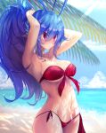  1girl antenna_hair bandeau bikini blue_hair breasts disgaea disgaea_d2 hair_between_eyes highres laharl laharl-chan large_breasts long_hair looking_at_viewer navel pointy_ears pondack ponytail red_bikini red_eyes solo swimsuit 