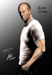  1boy character_name commentary_request dated from_side gradient gradient_background hand_in_pocket highres jason_statham looking_at_viewer male_focus mature_male muscular muscular_male pants real_life shirt signature simple_background solo t-shirt tagme twitter_username white_shirt yua_(checkmate) 