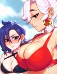  2girls artist_name bikini blue_eyes blush blushyspicy breast_envy breasts cloud commentary day ear_piercing earrings flying_sweatdrops from_side hair_between_eyes hair_ornament highres jewelry kaye_(blushypixy) large_breasts looking_at_another medium_hair meme multiple_girls original outdoors pectoral_envy_(meme) piercing profile red_bikini red_eyes rogue_(spicyquest) scar scar_on_face short_hair swimsuit upper_body watermark 