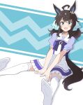  1girl ahoge animal_ears black_hair blue_eyes blush breasts collarbone commentary_request daring_tact_(umamusume) highres horse_ears looking_at_viewer medium_breasts medium_hair nel-c no_shoes school_uniform simple_background sitting soles solo thighhighs umamusume white_thighhighs 