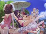  6+girls animal_ears applying_sunscreen arm_behind_head arm_up armpits ass back beach_chair beach_umbrella bikini bikini_bottom_only bikini_under_clothes black_hair blue_hair book braid breasts brown_hair closed_mouth collarbone cup day dress_shirt drinking_straw fujiwara_no_mokou grey_hair hands_on_another&#039;s_back hat height_difference highres holding holding_book holding_hands houraisan_kaguya inaba_tewi kaden_(muxt8423) kamishirasawa_keine lake leaning_back leaning_forward long_hair looking_at_another lotion lying medium_breasts medium_hair multiple_girls navel on_stomach one-piece_swimsuit open_book open_mouth outdoors rabbit_ears rabbit_tail reisen_udongein_inaba shirt shoulder_blades sitting standing stomach summer sunscreen swimsuit tail tail_through_clothes topless touhou umbrella walking water yagokoro_eirin 