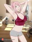  1girl agung911 armpits arms_behind_head arms_up bangs blurry blurry_background breasts cleavage dripping exercise_machine grey_eyes gym haruno_sakura highres looking_at_viewer medium_breasts midriff naruto naruto_(series) navel one_eye_closed patreon_username pink_hair ponytail shiny shiny_skin short_shorts shorts sidelocks signature sports_bra sportswear sweat sweaty_clothes tongue tongue_out weights wet 