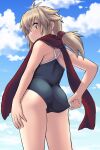  1girl adjusting_clothes adjusting_swimsuit antenna_hair ass bangs bare_arms bare_shoulders black_swimsuit blonde_hair blue_sky closed_mouth cloud commentary_request day from_behind green_eyes hair_between_eyes highres koshirae_tsurugi looking_at_viewer looking_back low_ponytail m.m one-piece_swimsuit original outdoors ponytail profile red_scarf scarf sky solo swimsuit 