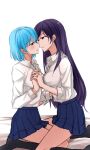  2girls aqua_hair blue_eyes blush ear_piercing highres holding_hands imminent_kiss interlocked_fingers long_hair multiple_girls original parted_lips piercing purple_hair red_eyes short_hair sorano_namida yuri 