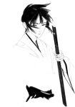  1boy closed_mouth eyelashes greyscale half-closed_eyes holding holding_sheath holding_sword holding_weapon kairyokuranshin male_focus monochrome naruto_(series) naruto_shippuuden scabbard sheath sheathed simple_background solo sword uchiha_sasuke uchiha_symbol weapon white_background wide_sleeves 