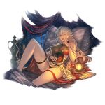  1girl alpha_transparency animal_print bangs bare_shoulders bed bed_sheet black_nails bookshelf bracelet breasts granblue_fantasy hair_between_eyes hat indoors jewelry lantern large_breasts lips long_hair looking_at_viewer magisa_(granblue_fantasy) minaba_hideo night official_art on_bed one-piece_swimsuit parted_lips pillow red_eyes sarong see-through smile solo swimsuit thigh_strap tiger_print transparent_background very_long_hair 