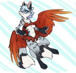  2019 anthro bare_shoulders blue_eyes bottomwear breasts canid canine clothed clothing digitigrade dipstick_tail feathered_wings feathers female flying fox fur fur_markings gloves_(marking) ingi inner_ear_fluff kemono kurlas leg_markings looking_down mammal markings miniskirt multi_tail navel neck_tuft orange_wings shirt simple_background skimpy skirt socks_(marking) solo tail_markings tank_top topwear tuft under_boob wings 