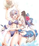  2girls arms_up ball bangs bare_arms bare_legs bare_shoulders barefoot bikini blonde_hair blue_eyes braid braided_ponytail breasts eyebrows_hidden_by_hair fate/grand_order fate_(series) flower grey_hair hair_between_eyes hair_flower hair_ornament hat headpiece holding holding_ball hug hug_from_behind jeanne_d&#039;arc_(fate) jeanne_d&#039;arc_(swimsuit_archer)_(fate) long_hair looking_at_another marie_antoinette_(fate) marie_antoinette_(swimsuit_caster)_(fate) mori_marimo multiple_girls one_eye_closed open_mouth ponytail ribbon skirt smile swimsuit water 