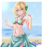  1girl ame-san bikini blonde_hair blurry blurry_background braid braided_bangs braided_bun breasts collarbone green_bikini green_sarong hair_bun highres kantai_collection long_hair medium_breasts navel official_alternate_costume perth_(kancolle) purple_eyes sarong smile solo striped striped_bikini swimsuit 