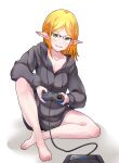  1girl blonde_hair commentary controller elf game_console game_controller glasses green_eyes highres hood hoodie isekai_ojisan naked_hoodie nana-ine playing_games pointy_ears rectangular_eyewear sega_saturn shibazaki_yousuke sitting smile solo sui_(isekai_ojisan) 