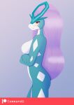  anthro blush breasts commandg featureless_breasts female hair legendary_pok&eacute;mon looking_at_viewer nintendo pok&eacute;mon pok&eacute;mon_(species) pok&eacute;morph simple_background solo video_games 