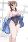  1girl :o ayase_honoka blue_jacket blue_swimsuit blurry blurry_background blush breasts brown_hair cleavage collarbone covered_navel feet_out_of_frame groin hair_bun highres huge_breasts idolmaster idolmaster_cinderella_girls jacket jacket_partially_removed kizzmy_lance one-piece_swimsuit sideboob single_hair_bun skin_tight skindentation solo sunlight swimsuit 