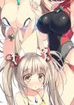  3girls breasts chest_jewel cleavage dress_swimsuit grey_hair highres large_breasts multiple_girls mythra_(radiant_beach)_(xenoblade) mythra_(xenoblade) nia_(blade)_(xenoblade) nia_(fancy_sundress)_(xenoblade) nia_(xenoblade) pyra_(pro_swimmer)_(xenoblade) pyra_(xenoblade) watsuki_ayamo xenoblade_chronicles_(series) xenoblade_chronicles_2 yellow_eyes 