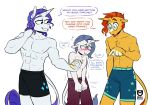  abs blush bottomwear clothed clothing crossgender english_text equid equine eyewear friendship_is_magic ftm_crossgender glasses hair horn male mammal my_little_pony orange_hair pants purple_hair rarity_(mlp) redxbacon sunburst_(mlp) swimming_trunks swimwear text topless unicorn yodi_(oc) 